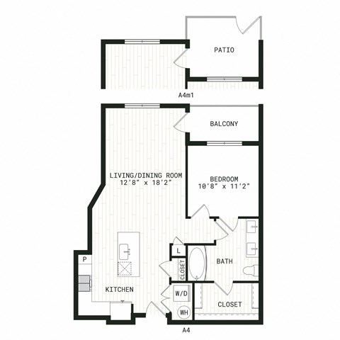 Floor plan for 1 bed, 1 bath, 743 sqft